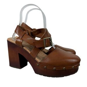 Korks by Kork-Ease Wendy Brown Vegan Leather Block Heel Studded Clog Shoes 7